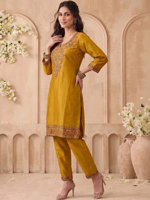 Embroidery Work Mustard Yellow Silk Blend Co Ords for Women 6