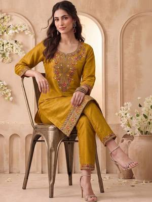 Embroidery Work Mustard Yellow Silk Blend Co Ords for Women 7