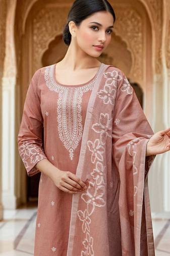 Floral Embroidered Thread Work Straight Kurta With Trousers & Dupatta