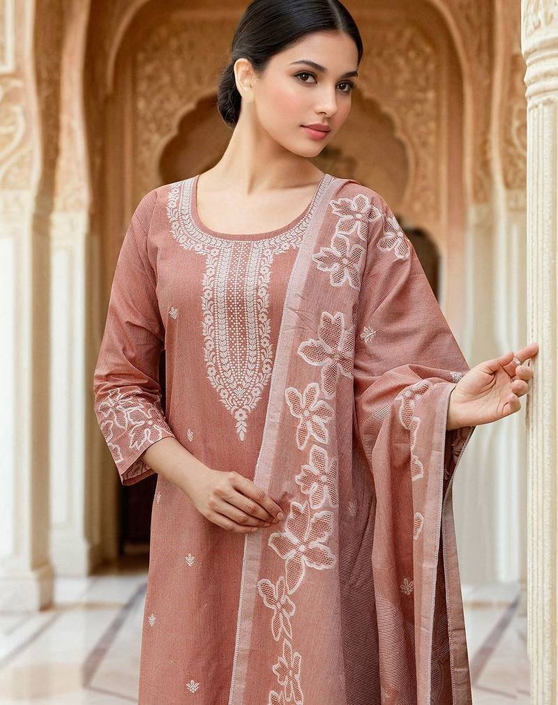 Floral Embroidered Thread Work Straight Kurta With Trousers & Dupatta