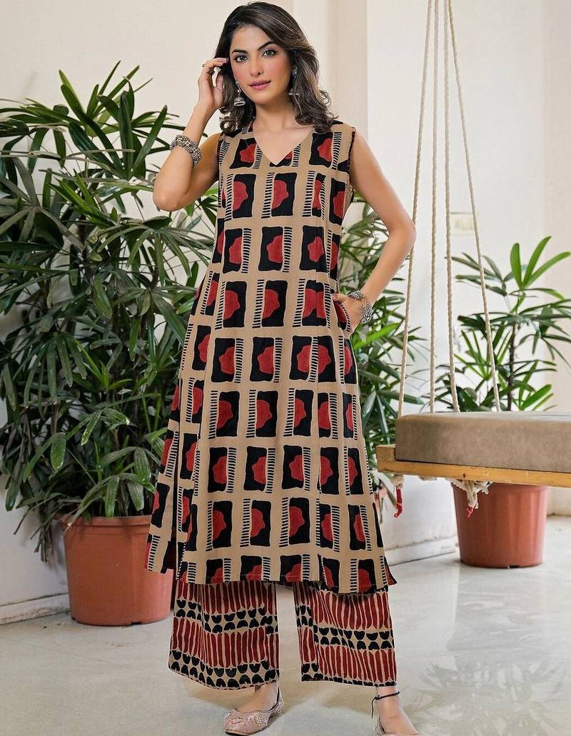 Printed Khaki Viscose Rayon Co Ords for Women