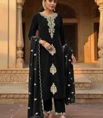 Women Ethnic Motifs Embroidered Regular Thread Work Velvet Kurta with Trousers & With Dupatta