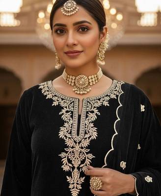 Women Ethnic Motifs Embroidered Regular Thread Work Velvet Kurta with Trousers & With Dupatta 2