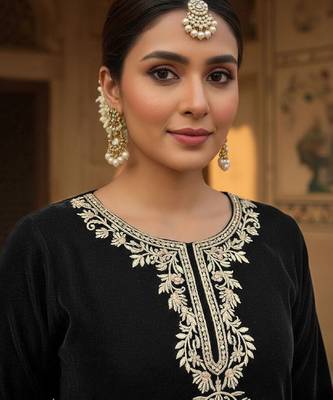 Women Ethnic Motifs Embroidered Regular Thread Work Velvet Kurta with Trousers & With Dupatta 4