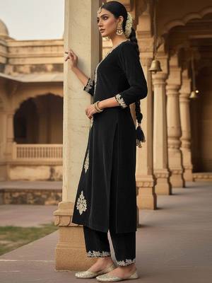Women Ethnic Motifs Embroidered Regular Thread Work Velvet Kurta with Trousers & With Dupatta 5