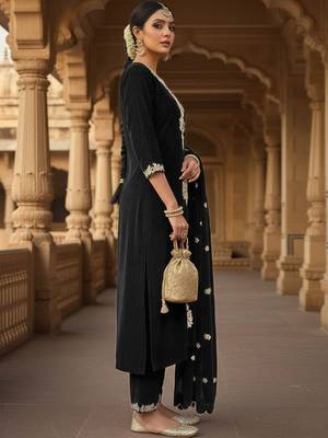 Women Ethnic Motifs Embroidered Regular Thread Work Velvet Kurta with Trousers & With Dupatta 7