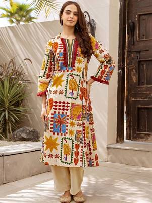 Printed Beige Cotton Blend Co Ords for Women 1