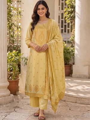 Women Ethnic Motifs Embroidered Regular Thread Work Pure Cotton Kurta with Trousers & With Dupatta 1