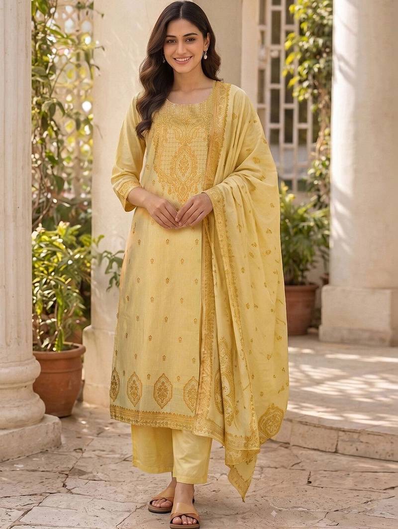 Women Ethnic Motifs Embroidered Regular Thread Work Pure Cotton Kurta with Trousers & With Dupatta