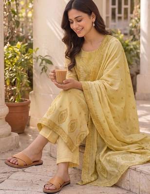 Women Ethnic Motifs Embroidered Regular Thread Work Pure Cotton Kurta with Trousers & With Dupatta 6