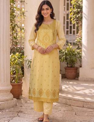 Women Ethnic Motifs Embroidered Regular Thread Work Pure Cotton Kurta with Trousers & With Dupatta 7