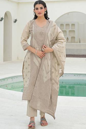 Women Ethnic Motifs Embroidered Regular Chikankari Pure Cotton Kurta with Trousers & With Dupatta