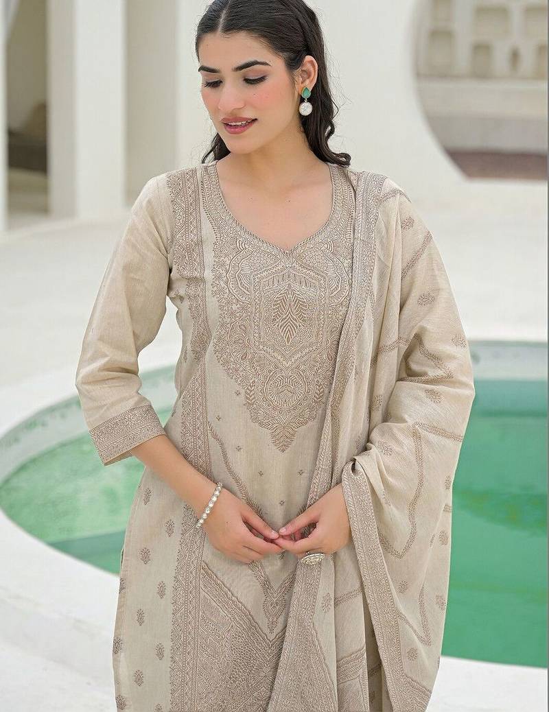 Women Ethnic Motifs Embroidered Regular Chikankari Pure Cotton Kurta with Trousers & With Dupatta