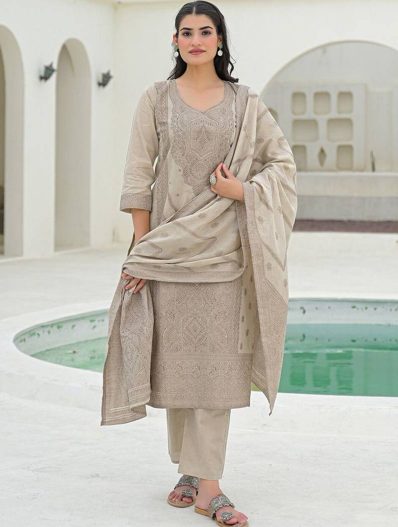 Women Ethnic Motifs Embroidered Regular Chikankari Pure Cotton Kurta with Trousers & With Dupatta