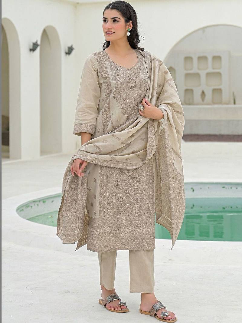 Women Ethnic Motifs Embroidered Regular Chikankari Pure Cotton Kurta with Trousers & With Dupatta