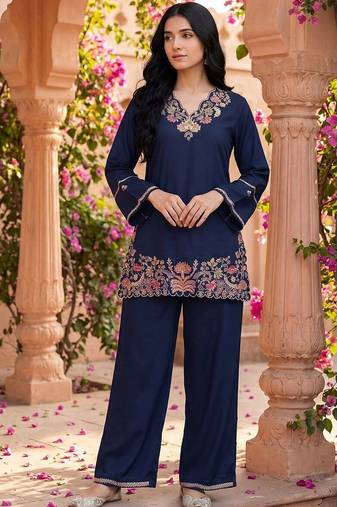Embroidered Blue Rayon Co Ords for Women
