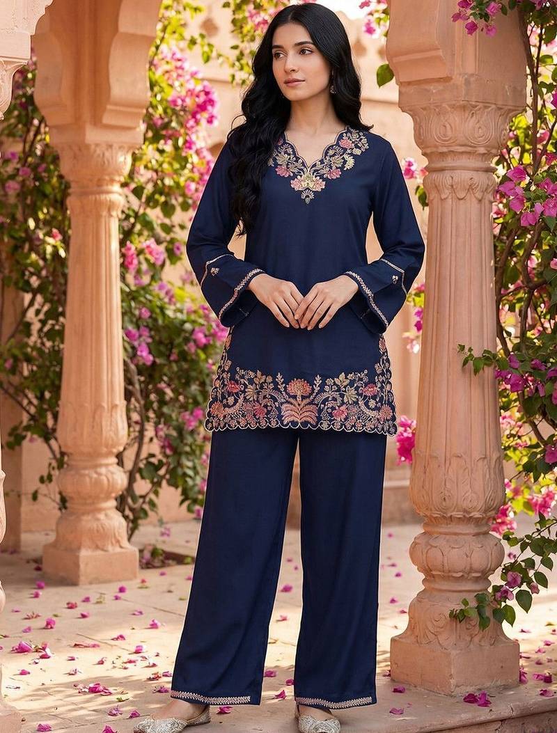 Embroidered Blue Rayon Co Ords for Women