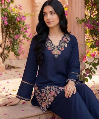 Embroidered Blue Rayon Co Ords for Women 2