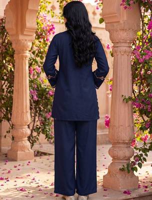 Embroidered Blue Rayon Co Ords for Women 3