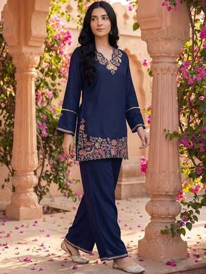 Embroidered Blue Rayon Co Ords for Women 4