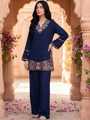 Embroidered Blue Rayon Co Ords for Women 5