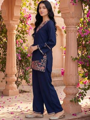 Embroidered Blue Rayon Co Ords for Women 6