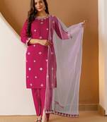Women Embroidered Regular Thread Work Kurta with Trousers & With Dupatta