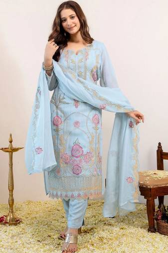 Women Floral Embroidered Regular Thread Work Kurta with Trousers & With Dupatta