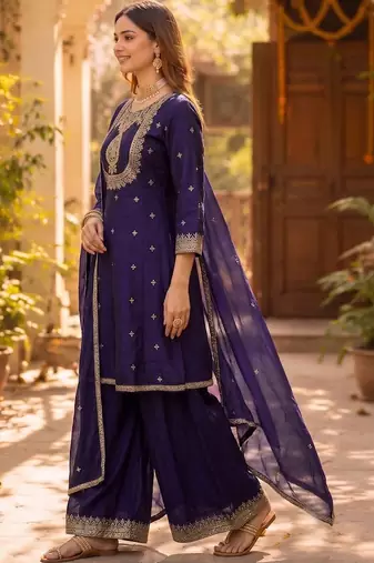 Women Ethnic Motifs Embroidered Regular Kurta with Sharara & With Dupatta