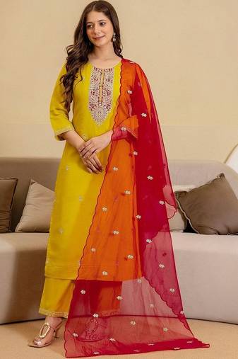 Women Ethnic Embroidered Regular Sequinned Kurta with Trousers & With Dupatta