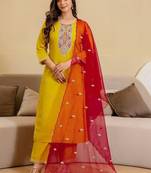 Women Ethnic Embroidered Regular Sequinned Kurta with Trousers & With Dupatta