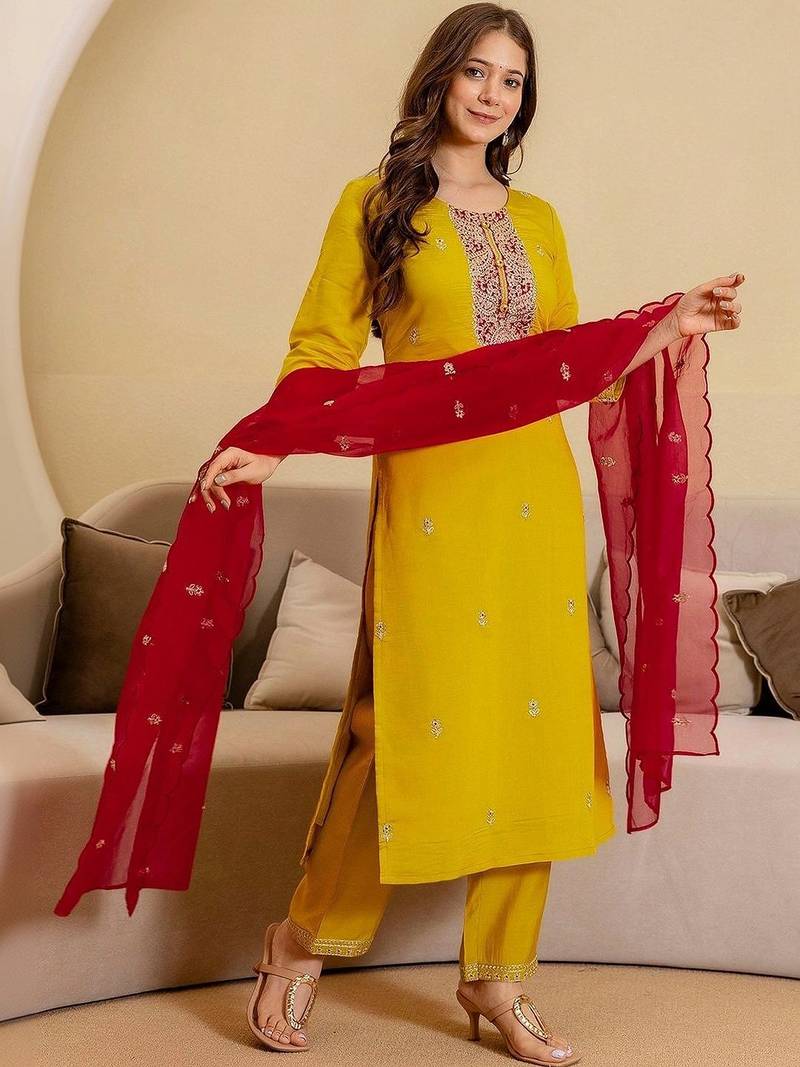 Women Ethnic Embroidered Regular Sequinned Kurta with Trousers & With Dupatta