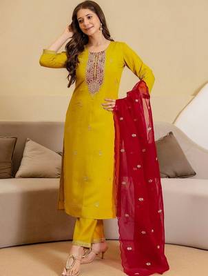 Women Ethnic Embroidered Regular Sequinned Kurta with Trousers & With Dupatta 5