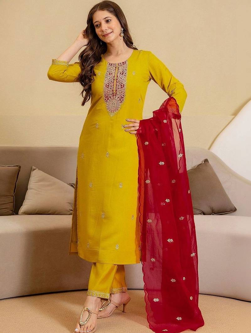 Women Ethnic Embroidered Regular Sequinned Kurta with Trousers & With Dupatta
