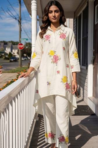 Embroidered White Pure Cotton Co Ords for Women