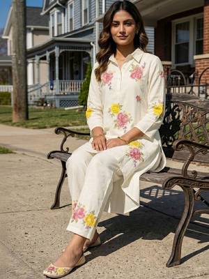 Embroidered White Pure Cotton Co Ords for Women 5
