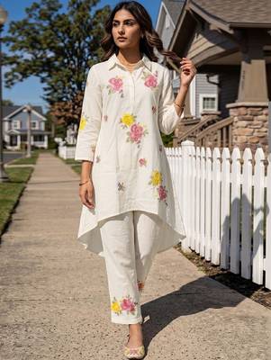 Embroidered White Pure Cotton Co Ords for Women 6