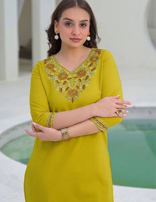 Embroidered Mustard Yellow Viscose Rayon Co Ords for Women 2