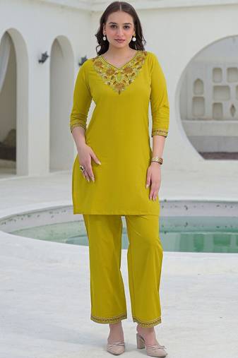 Embroidered Mustard Yellow Viscose Rayon Co Ords for Women
