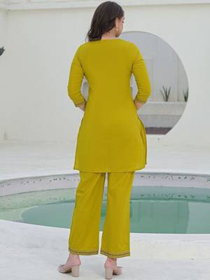 Embroidered Mustard Yellow Viscose Rayon Co Ords for Women 3