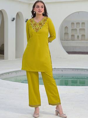 Embroidered Mustard Yellow Viscose Rayon Co Ords for Women 4