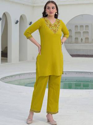 Embroidered Mustard Yellow Viscose Rayon Co Ords for Women 5