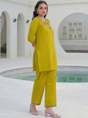 Embroidered Mustard Yellow Viscose Rayon Co Ords for Women 6
