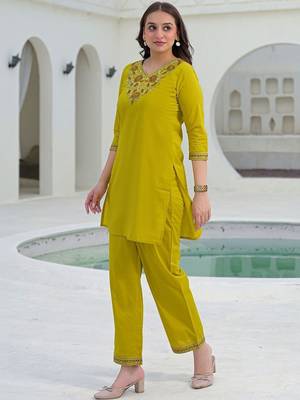 Embroidered Mustard Yellow Viscose Rayon Co Ords for Women 7