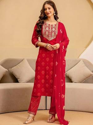 Women Ethnic Motifs Printed Regular Thread Work Kurta with Trousers & With Dupatta 1