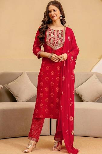 Women Ethnic Motifs Printed Regular Thread Work Kurta with Trousers & With Dupatta