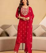 Women Ethnic Motifs Printed Regular Thread Work Kurta with Trousers & With Dupatta