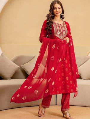 Women Ethnic Motifs Printed Regular Thread Work Kurta with Trousers & With Dupatta 2