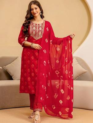Women Ethnic Motifs Printed Regular Thread Work Kurta with Trousers & With Dupatta 3