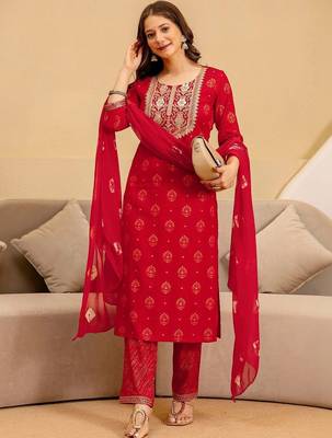 Women Ethnic Motifs Printed Regular Thread Work Kurta with Trousers & With Dupatta 4